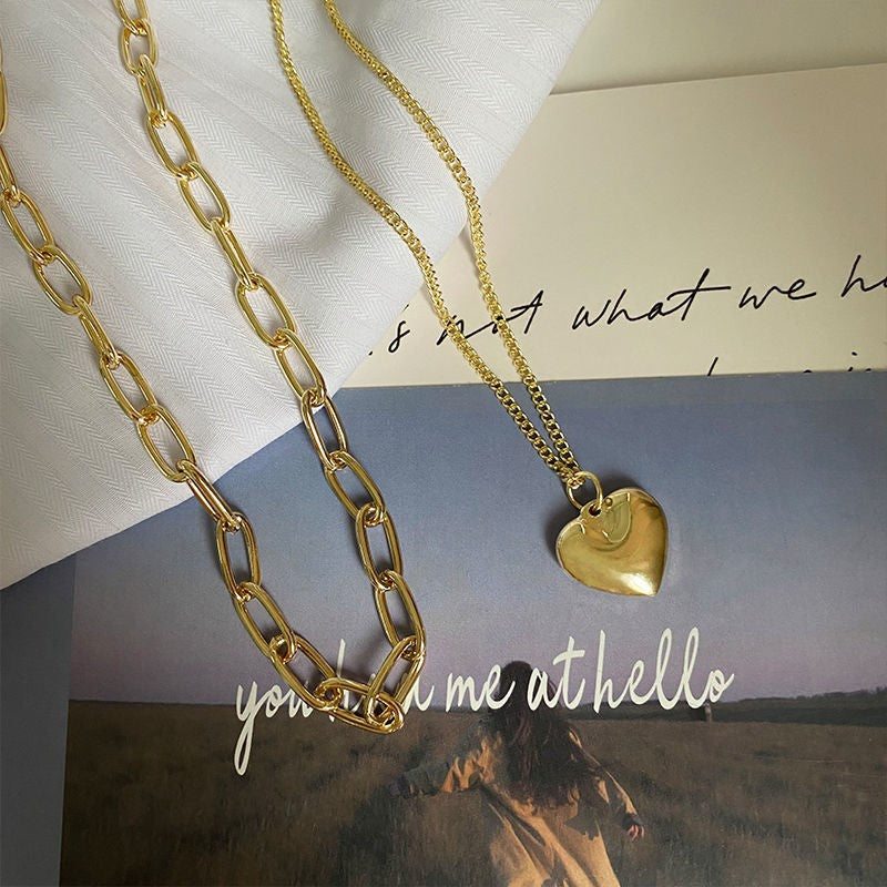 Heart Pendant & Bold Chain Necklace Set