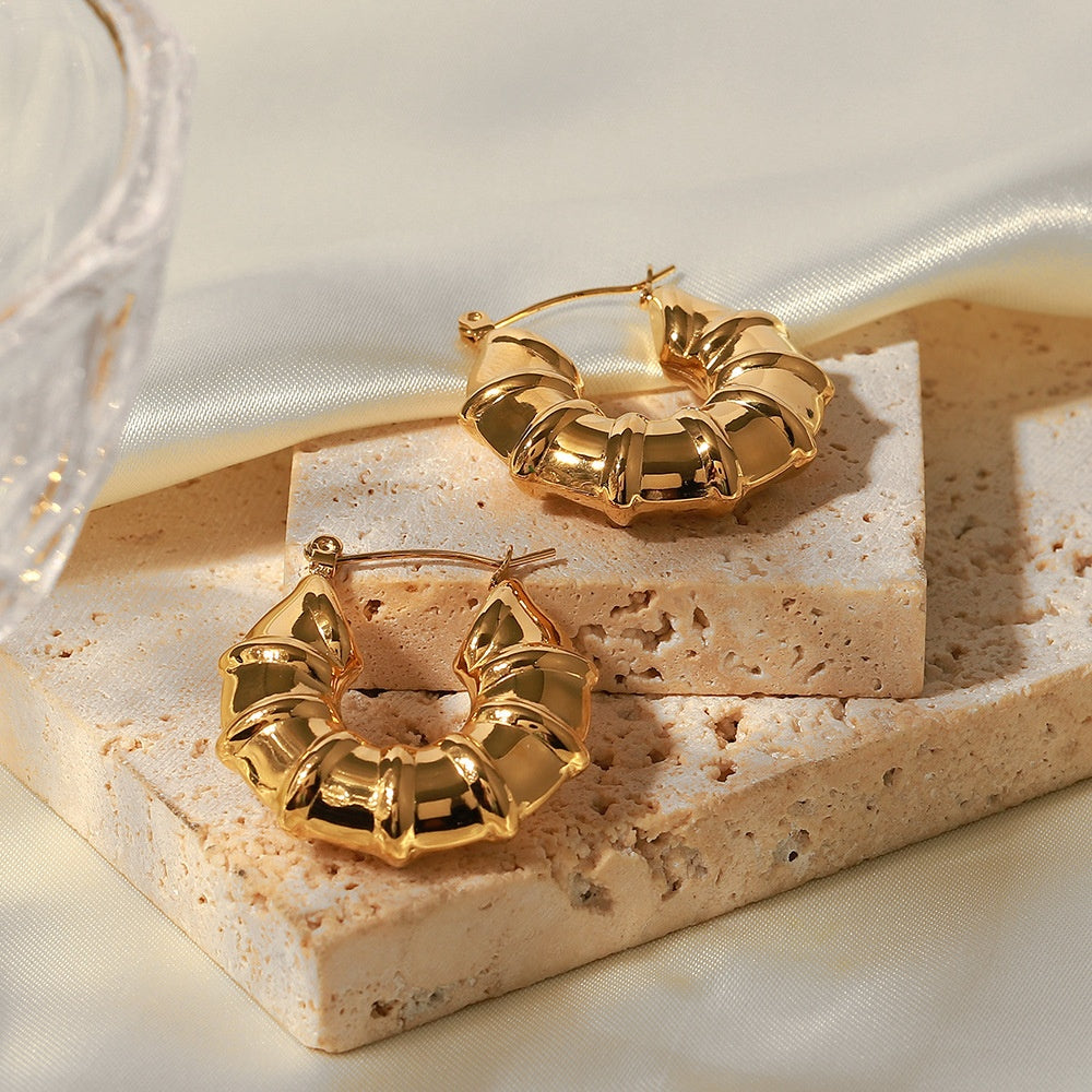 Chunky Bamboo-Style Gold Hoop Earrings