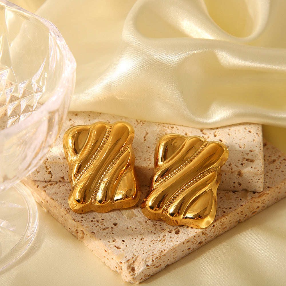 Wavy Rectangle Gold Stud Earrings