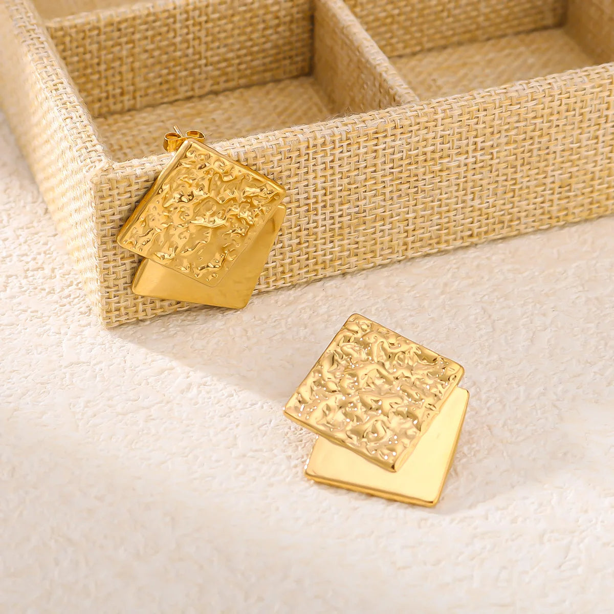 Golden Textured Geometric Square Earrings
