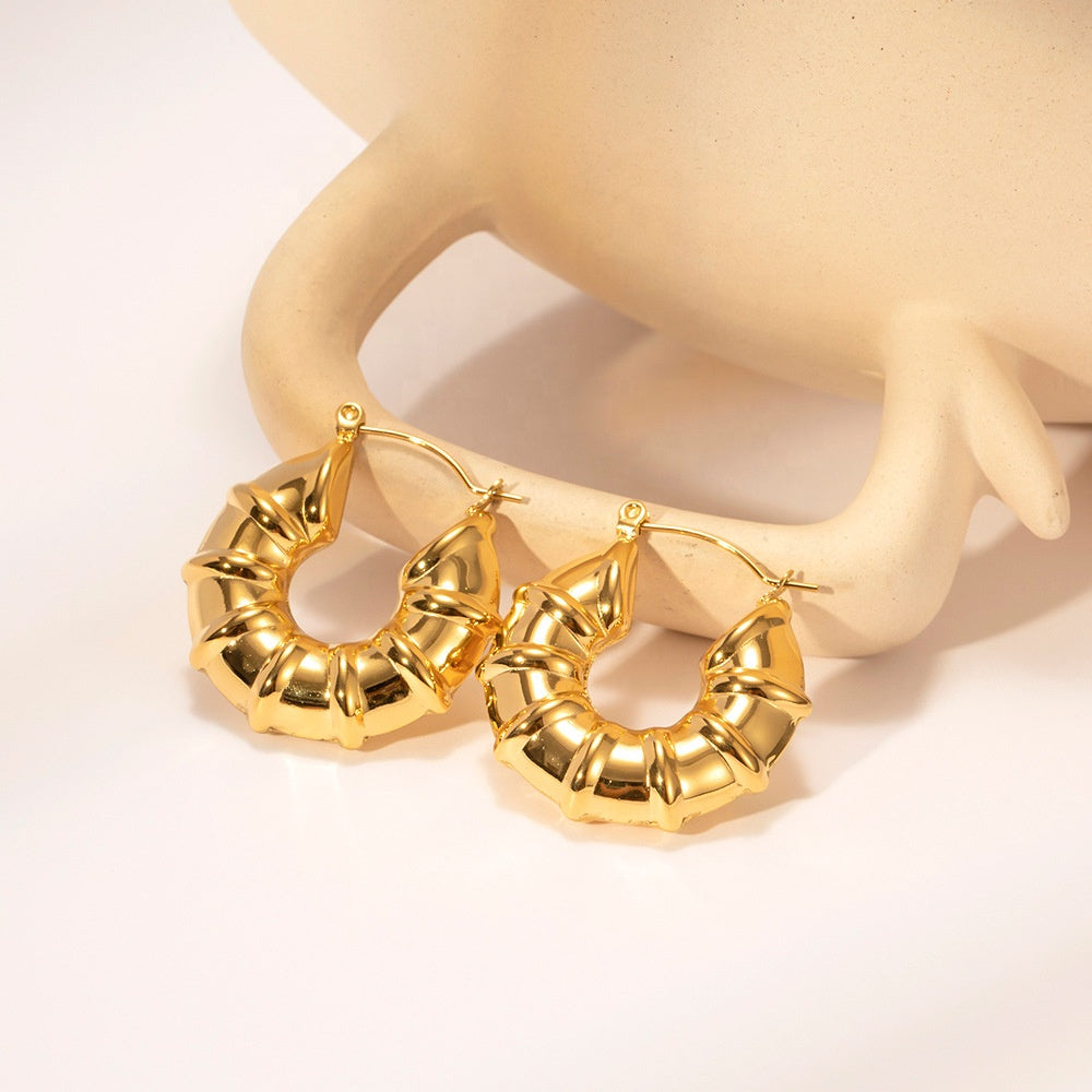 Chunky Bamboo-Style Gold Hoop Earrings