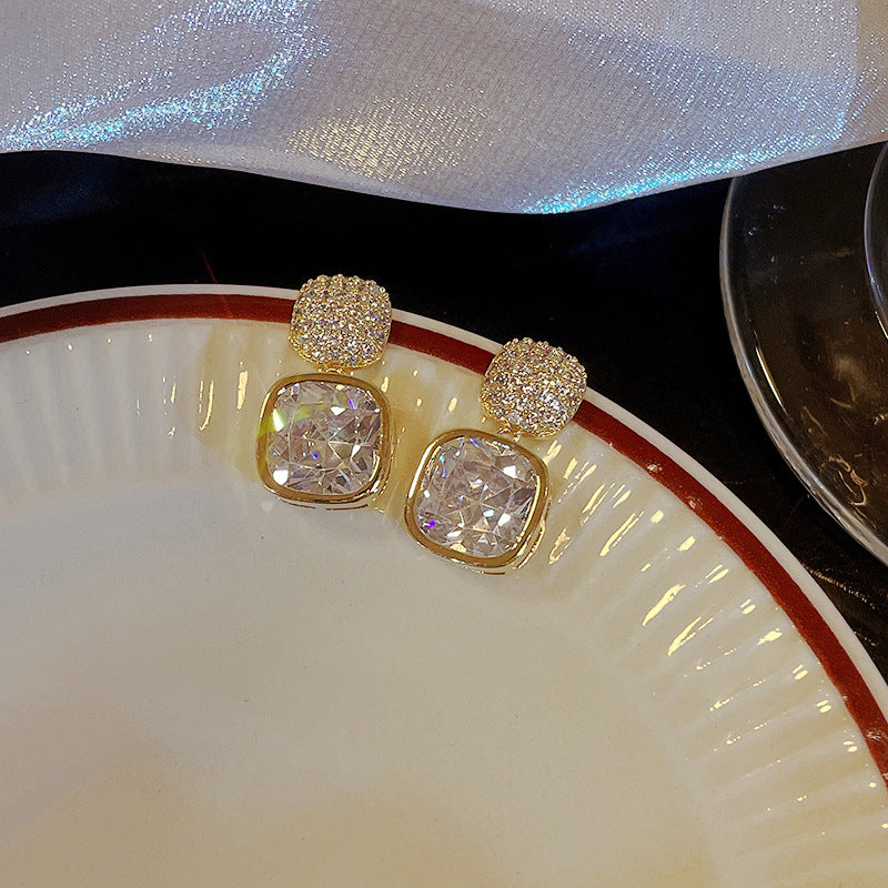 Radiant Cushion-Cut Drop Earrings – Gold & Crystal