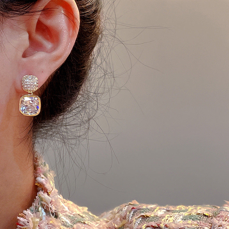 Radiant Cushion-Cut Drop Earrings – Gold & Crystal