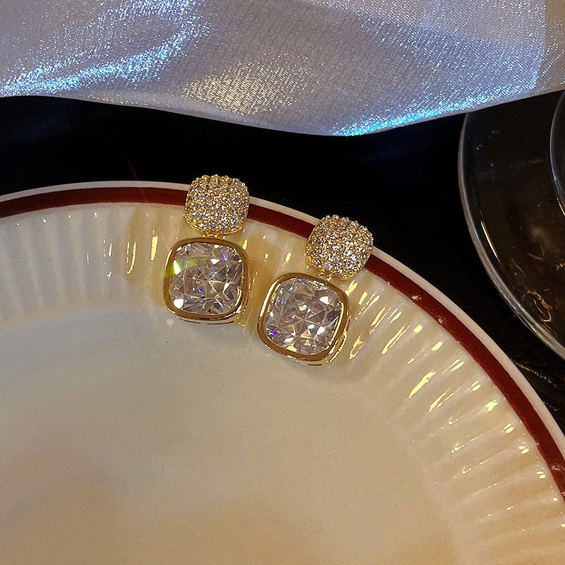 Radiant Cushion-Cut Drop Earrings – Gold & Crystal