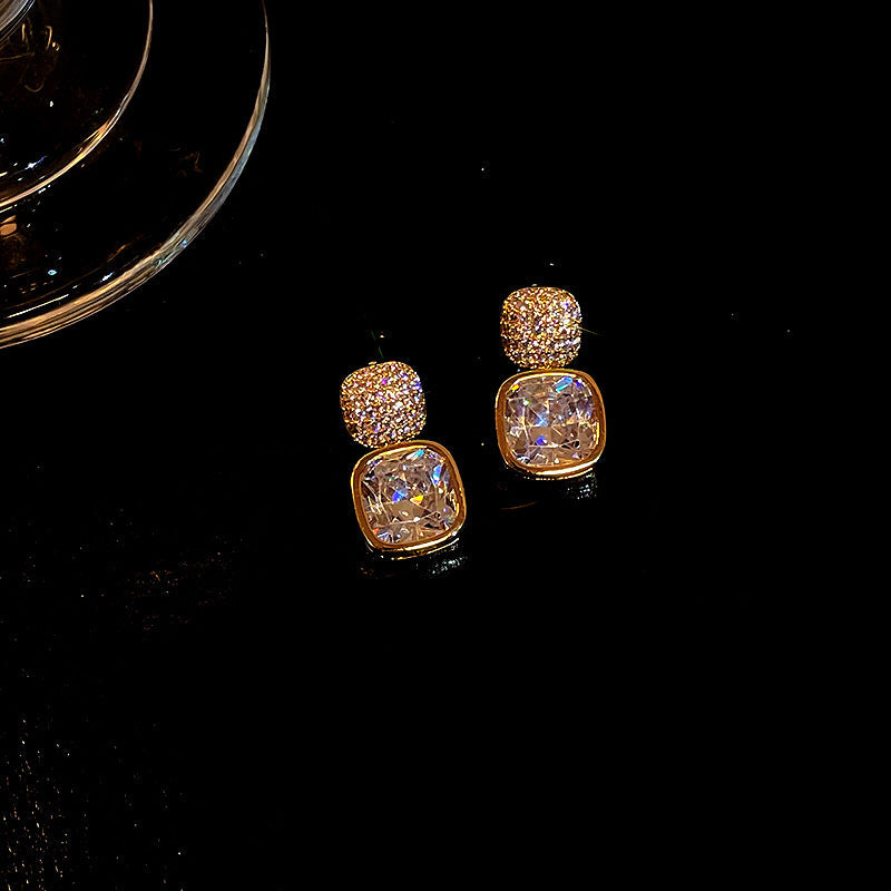 Radiant Cushion-Cut Drop Earrings – Gold & Crystal