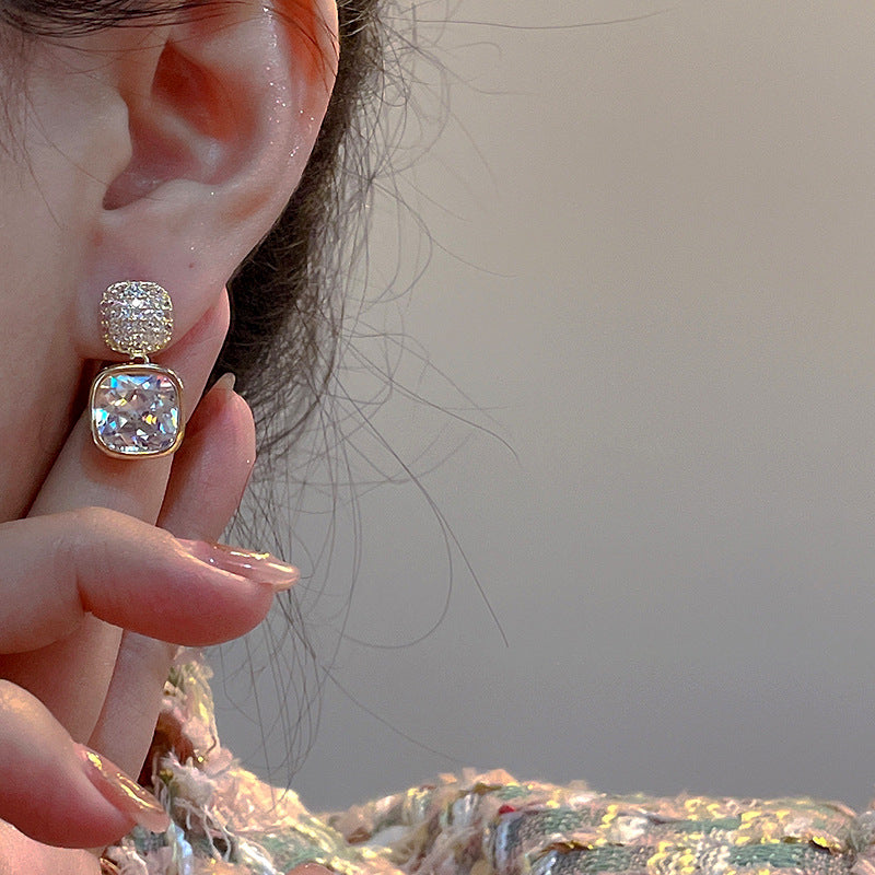 Radiant Cushion-Cut Drop Earrings – Gold & Crystal