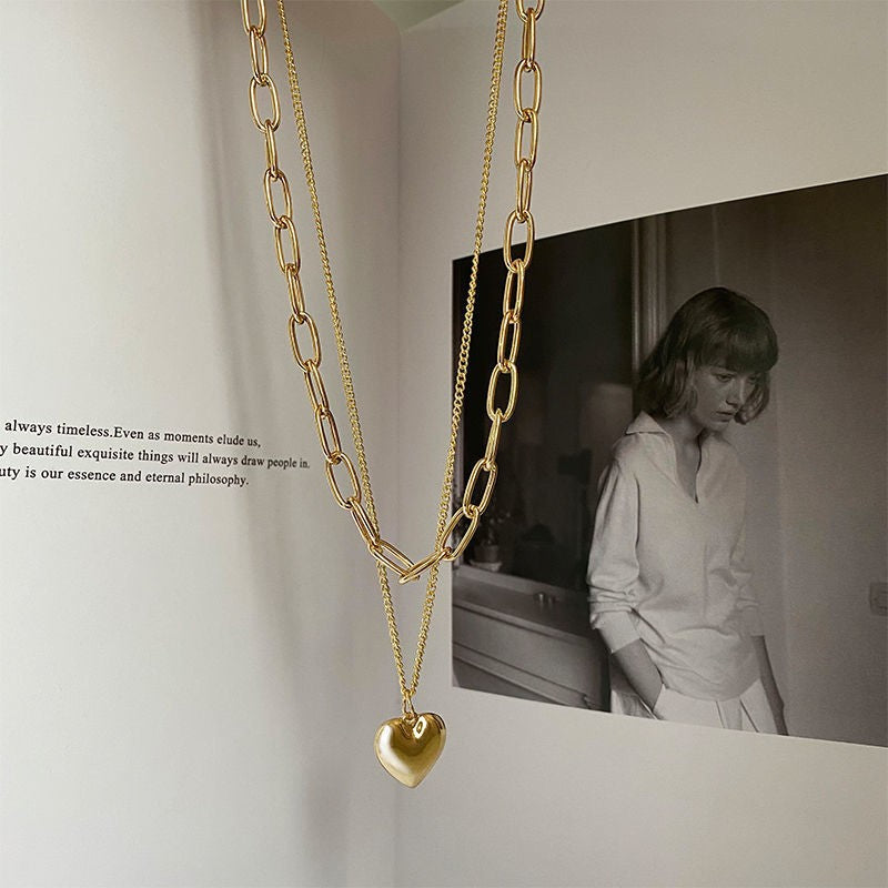 Heart Pendant & Bold Chain Necklace Set