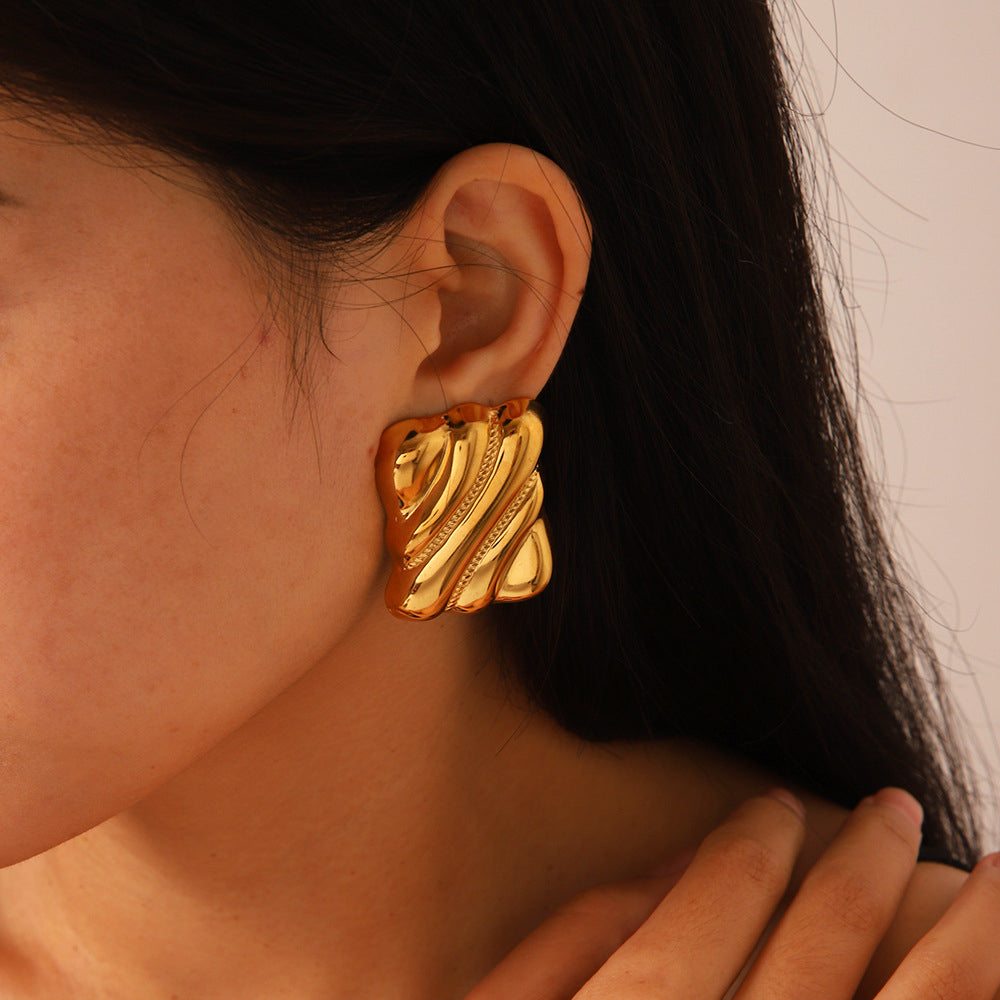 Wavy Rectangle Gold Stud Earrings