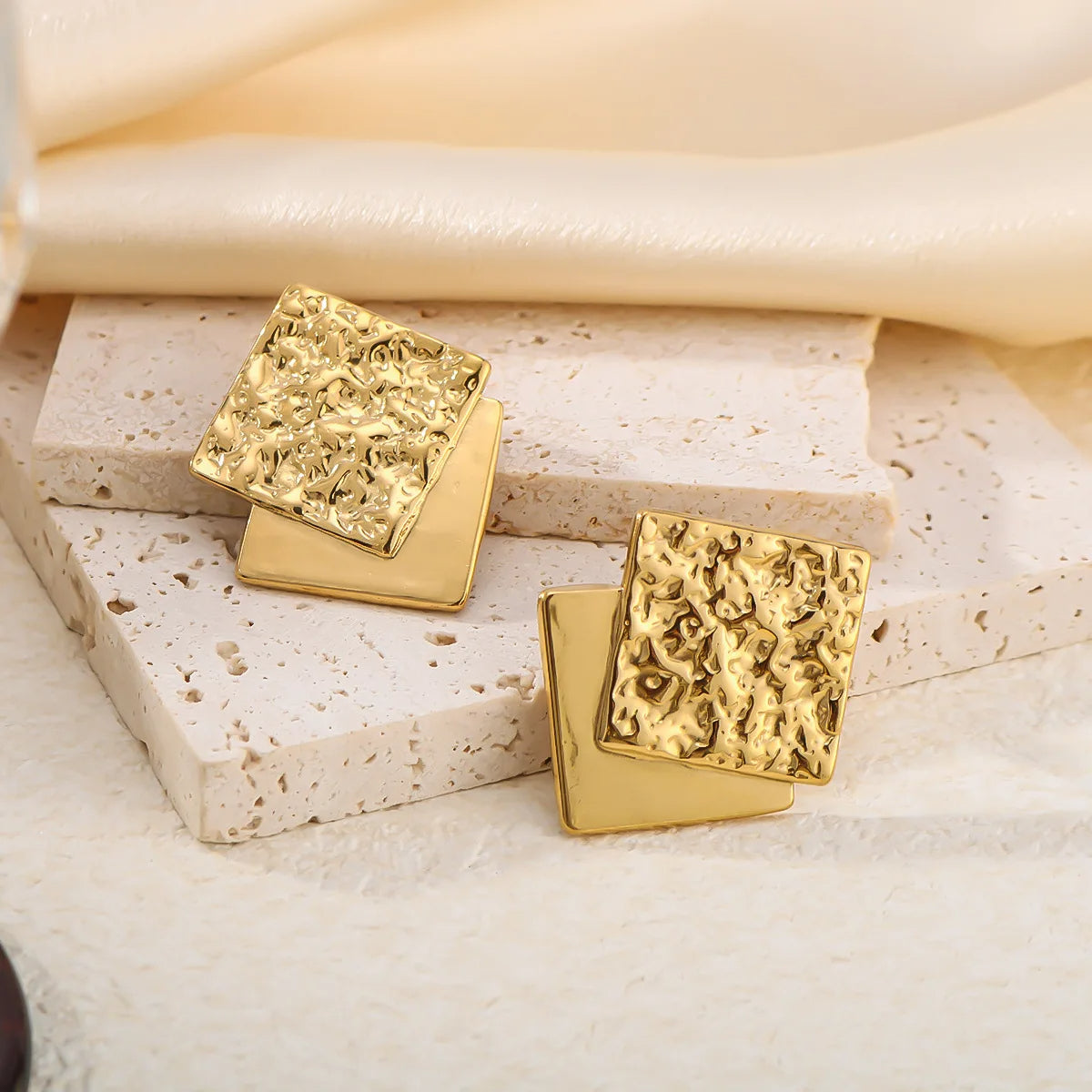 Golden Textured Geometric Square Earrings