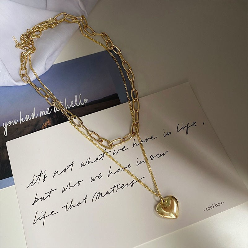 Heart Pendant & Bold Chain Necklace Set