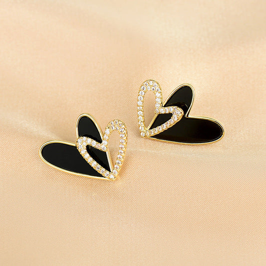 Black & Gold Double Heart Stud Earrings