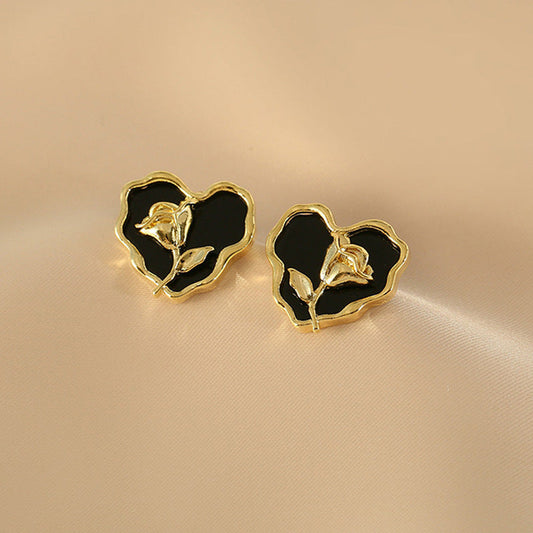 Midnight Bloom – Black Enamel Heart Rose Studs