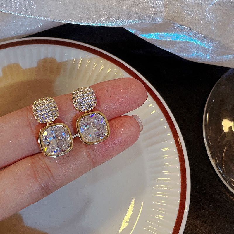 Radiant Cushion-Cut Drop Earrings – Gold & Crystal