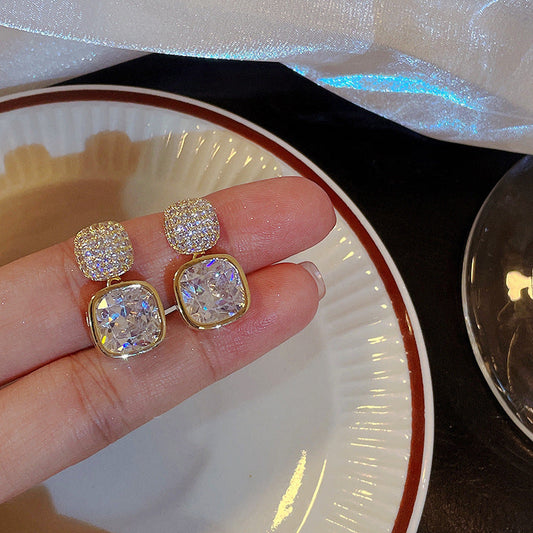 Radiant Cushion-Cut Drop Earrings – Gold & Crystal