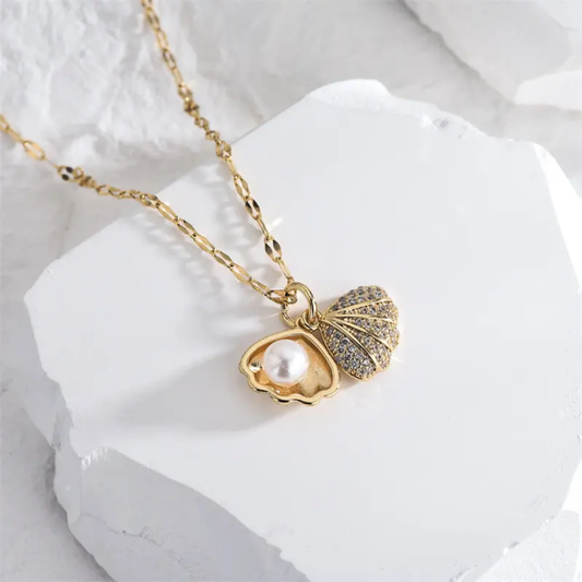 Gold Seashell Pearl Pendant